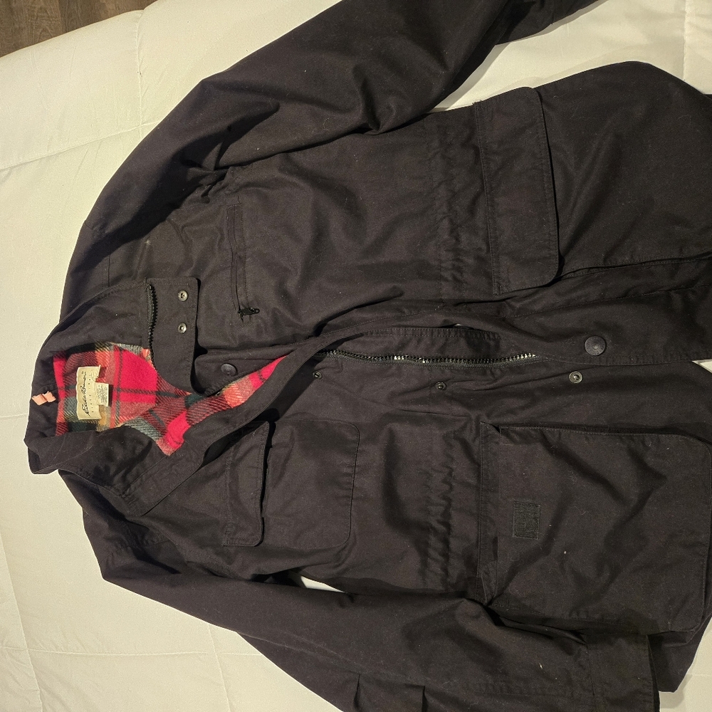 Eddie Bauer Men's Black Wool Plaid Lined Zip Up Parka Jacket
